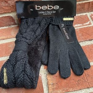 bebe Black/Silver Interwoven Knit Logo Decal 2Pc.Headband/Glove Set